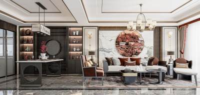 新中式家居客餐厅 沙发茶几 沙发背景墙 装饰柜